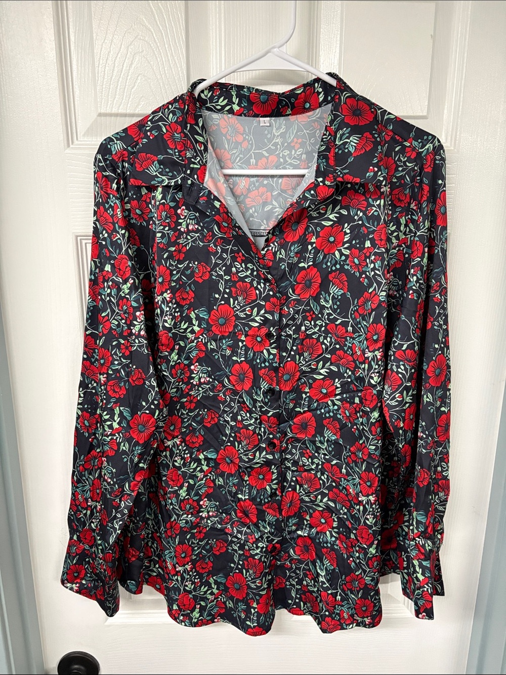 zeagoo Black Button-Up Shirt with Red Floral Print